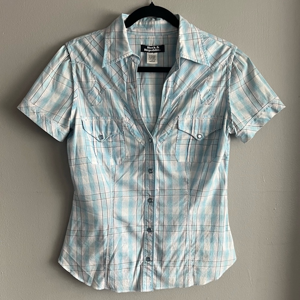 Rock & Republic Plaid V-Neck Western Shirt with Stud Detail and Cabochon Snaps